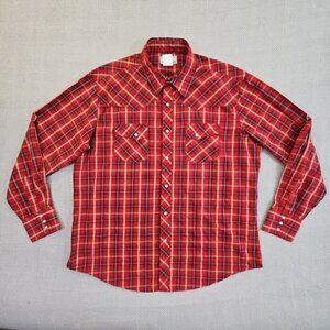 Wrangler Retro Western Shirt Men's XL Red Plaid Pearl Snap Cowboy Sawtooth EUC